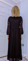 Pearl Lace Dress – Black Boho Style with Pagoda Sleeves & V-Neckline
