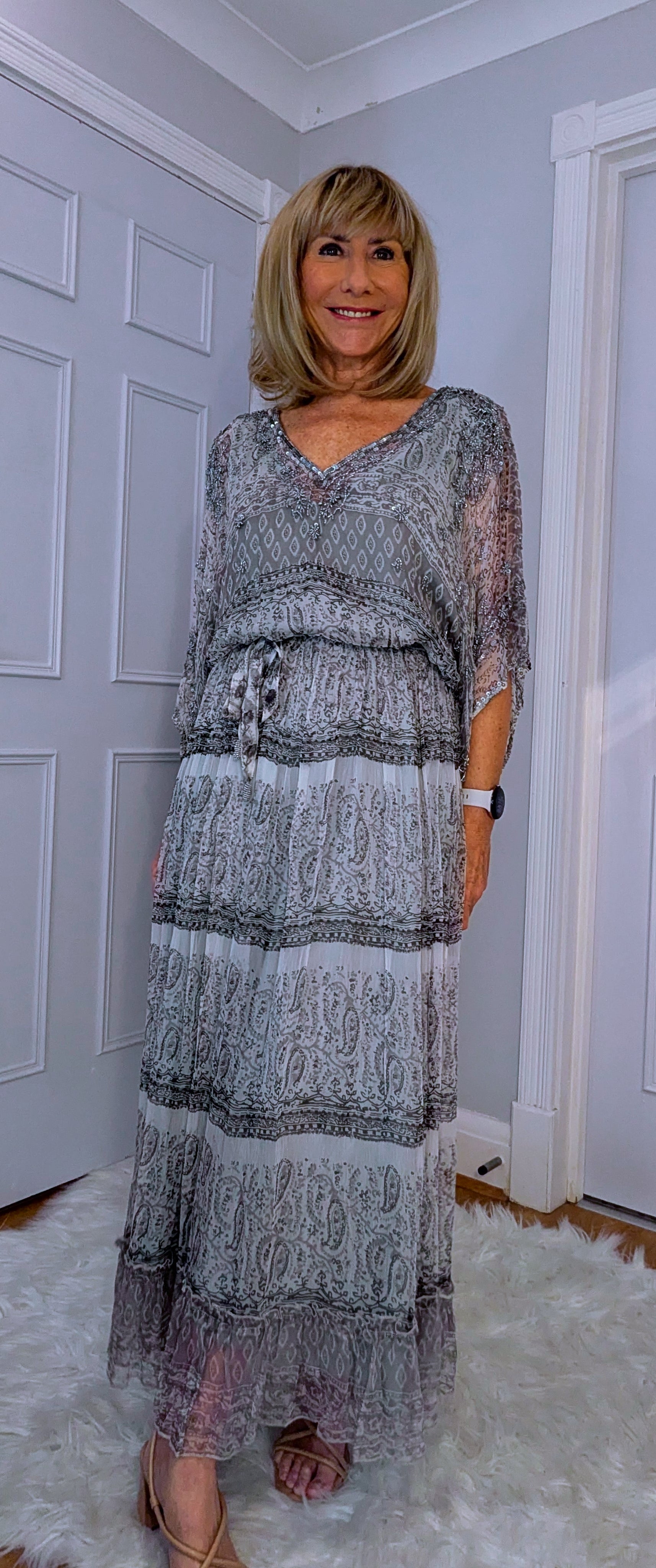 Tatiana Silver Beaded and Embroidery Statement  Summer Dress