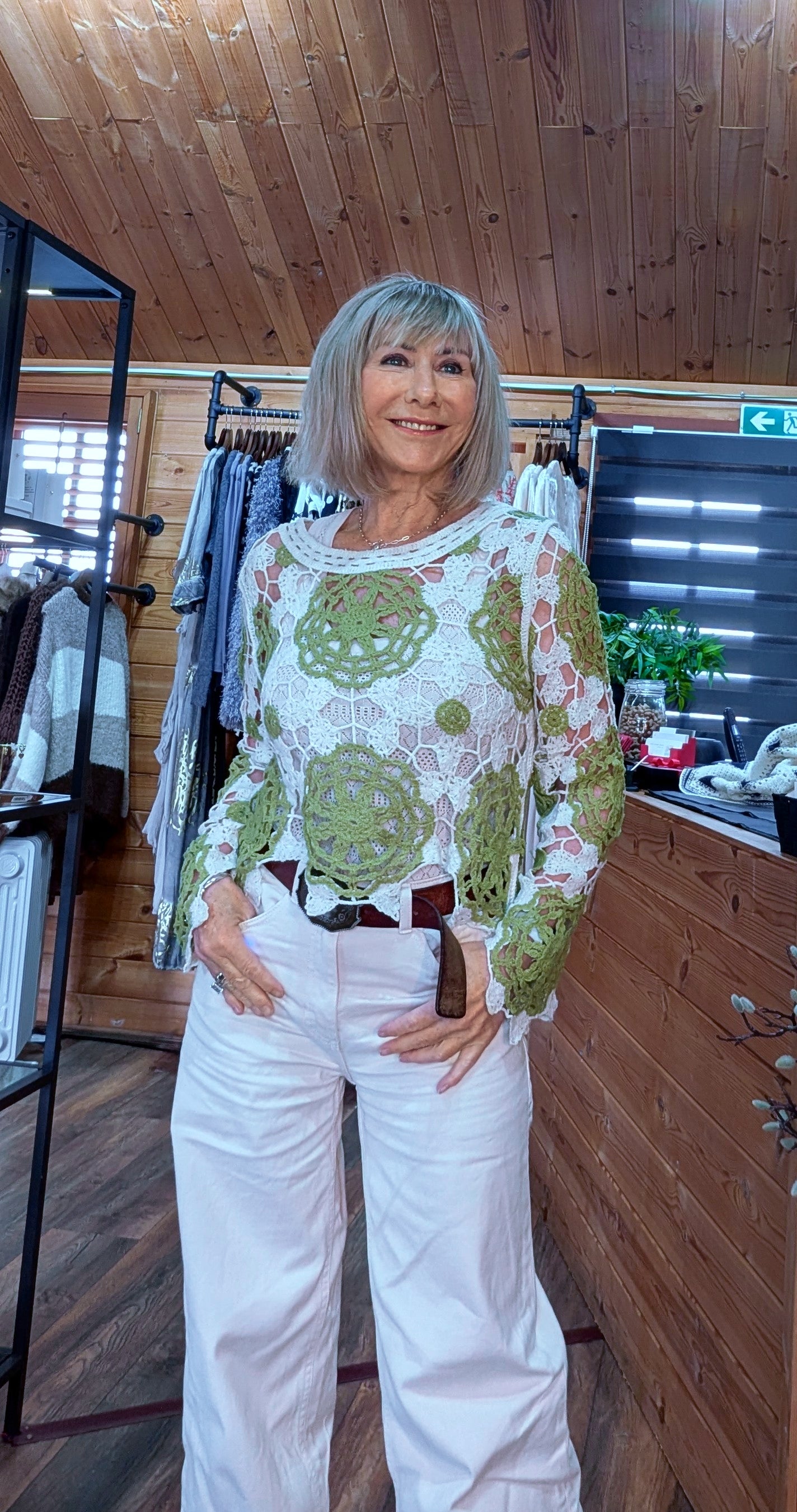 Pippa Green & Ecru Crochet Style Sweater