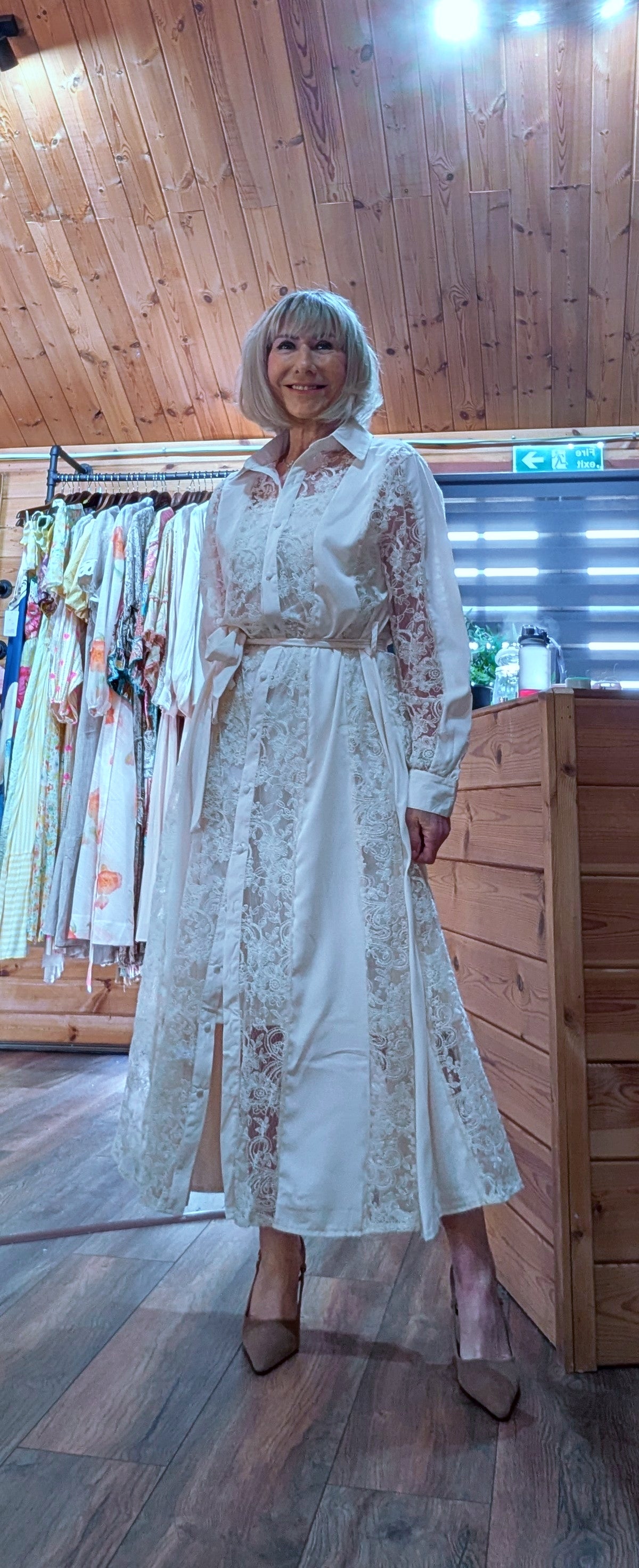 Lace midi dress with collar and button front detail