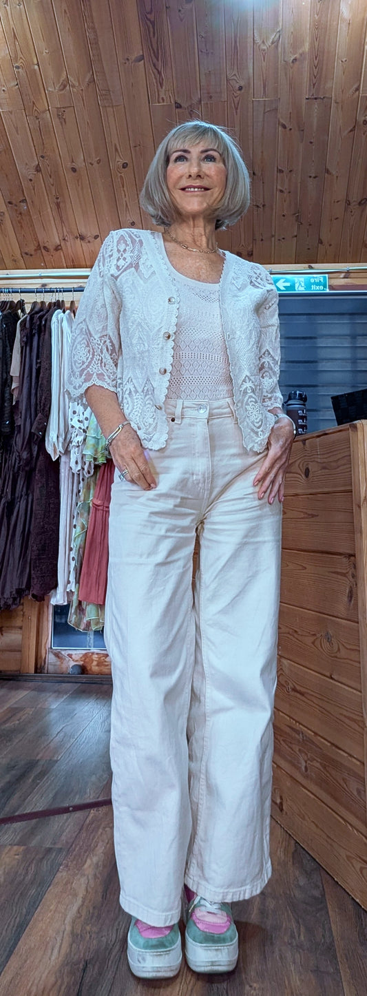 Janice Cotton Lace Embroidered Cardigan White or Cream