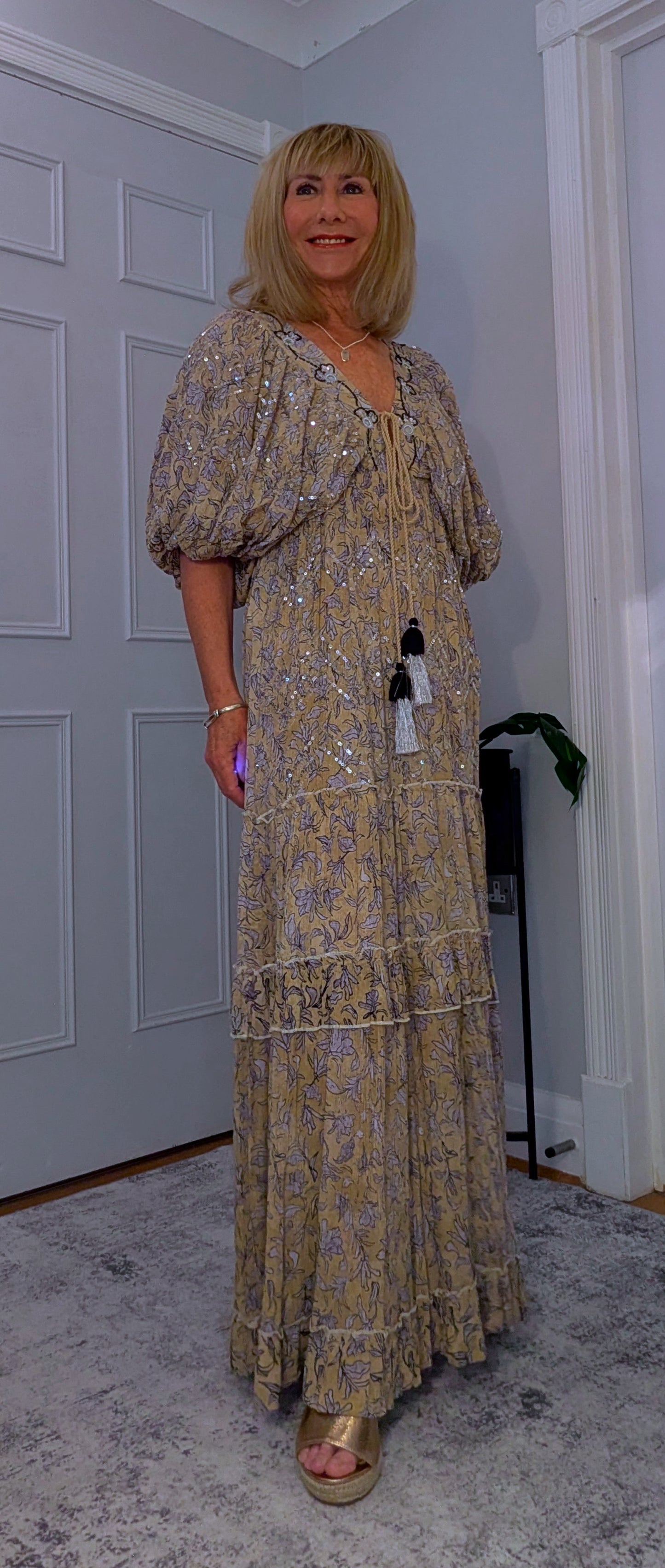 Delphi Embroidery Boho  Maxi Dress In Ecru  or Green Tassel Ties