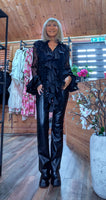 Vivienne Black Lace Blouse – Satin Ruffle Detail & Flared Sleeves