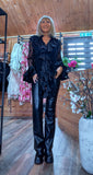 Vivienne Black Lace Blouse – Satin Ruffle Detail & Flared Sleeves