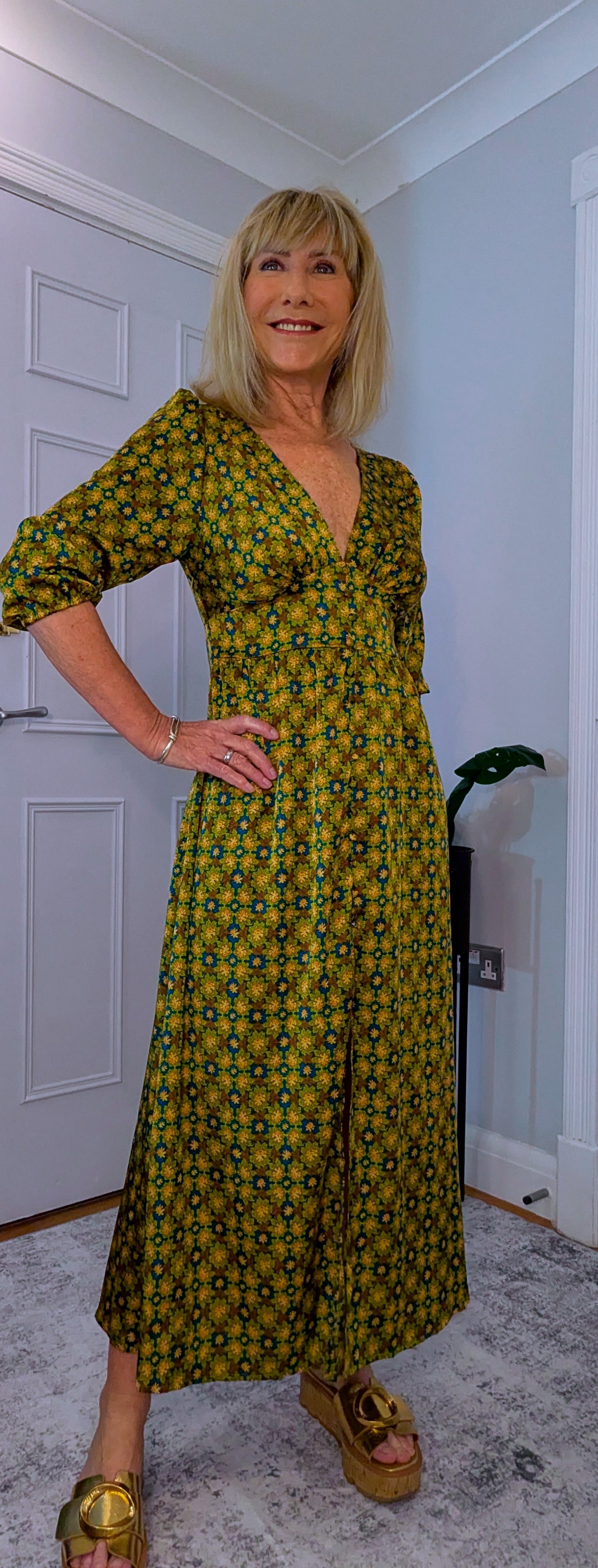 Allegra  Midi Dress in Olive Green and Gold With Tie Back