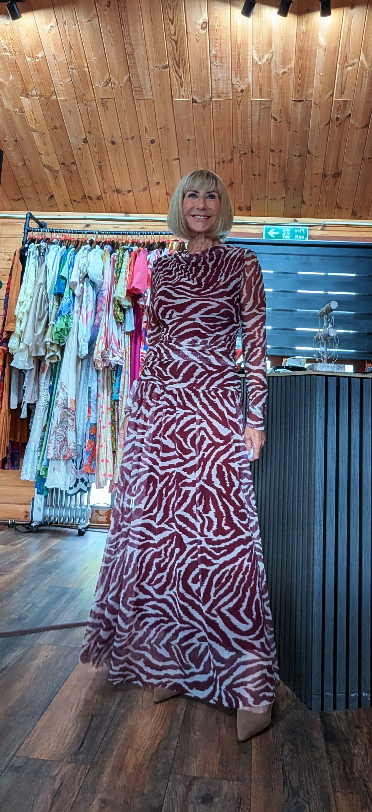 One size animal print maxi dress in chocolate or burgundy with zebra print styled by ditsydi who is a size 10 and 5 ft 3