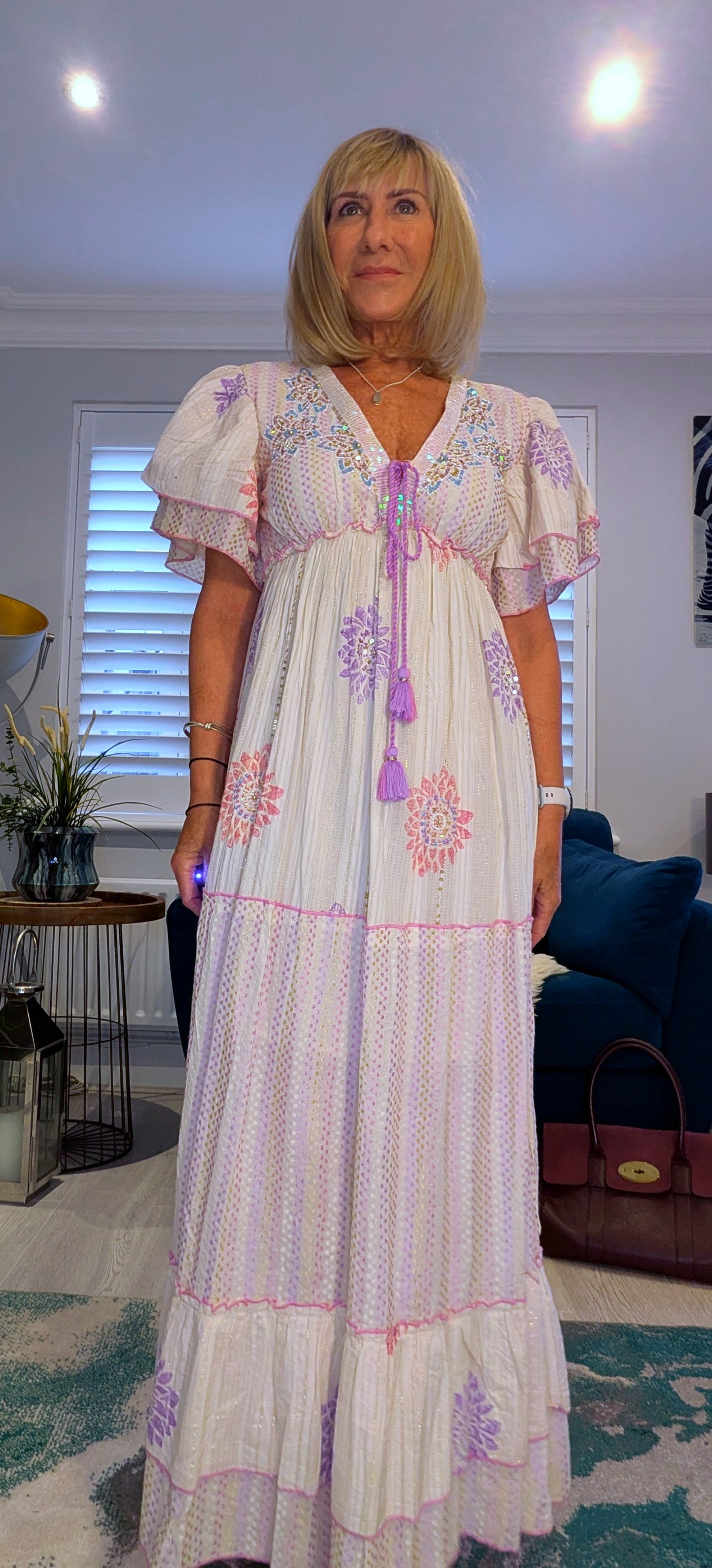 Rhea Bohemian Floral Maxi Dress In Green or Lilac Cotton