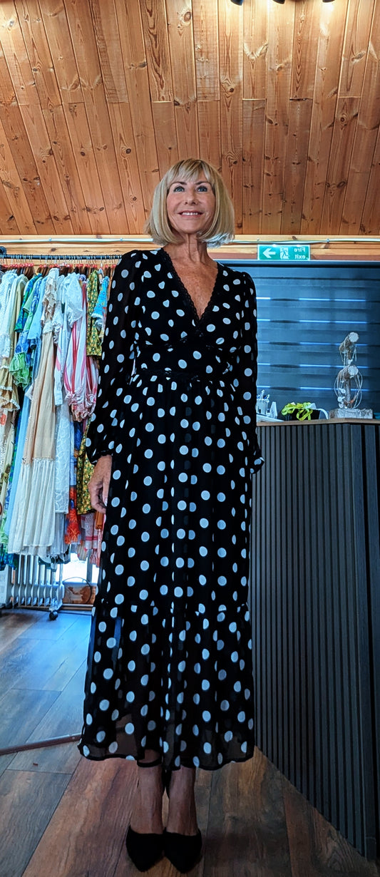 Hazel black and white polka dot midi dress