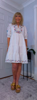 Bo Smocked Linen Cotton Dress – White with Pink & Blue Embroidery
