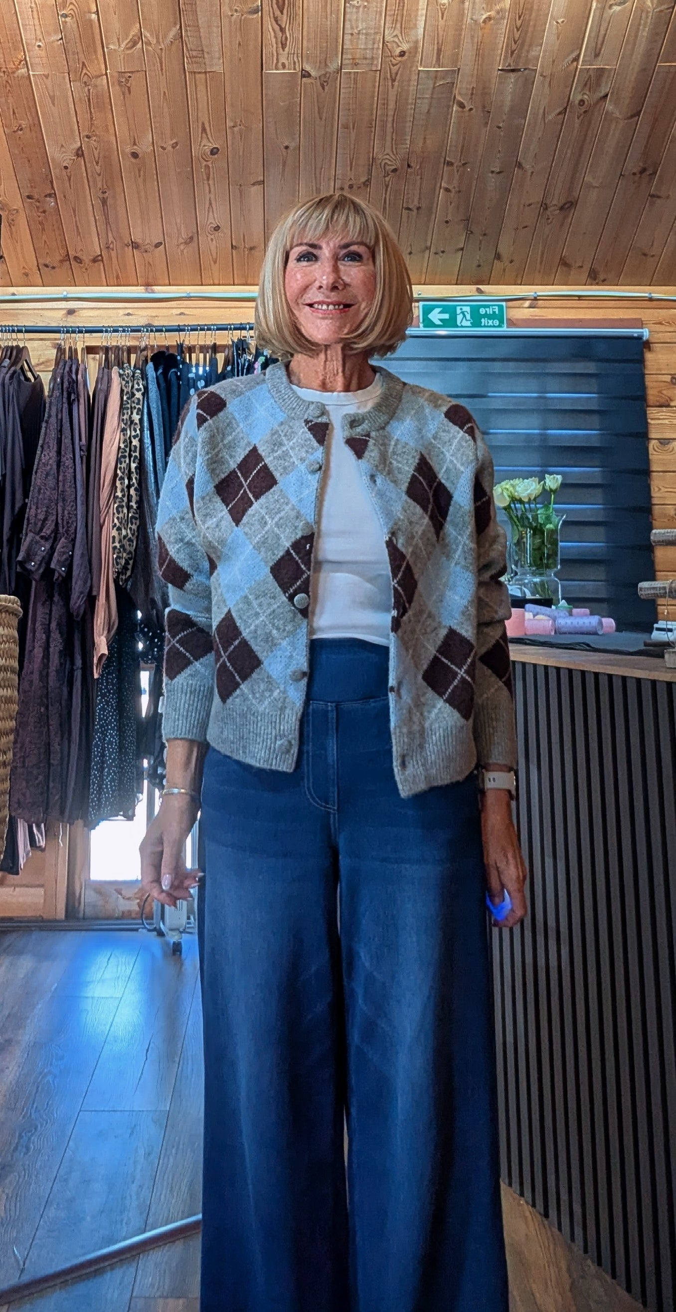 Magna blue and brown argyle knit cardigan with button front