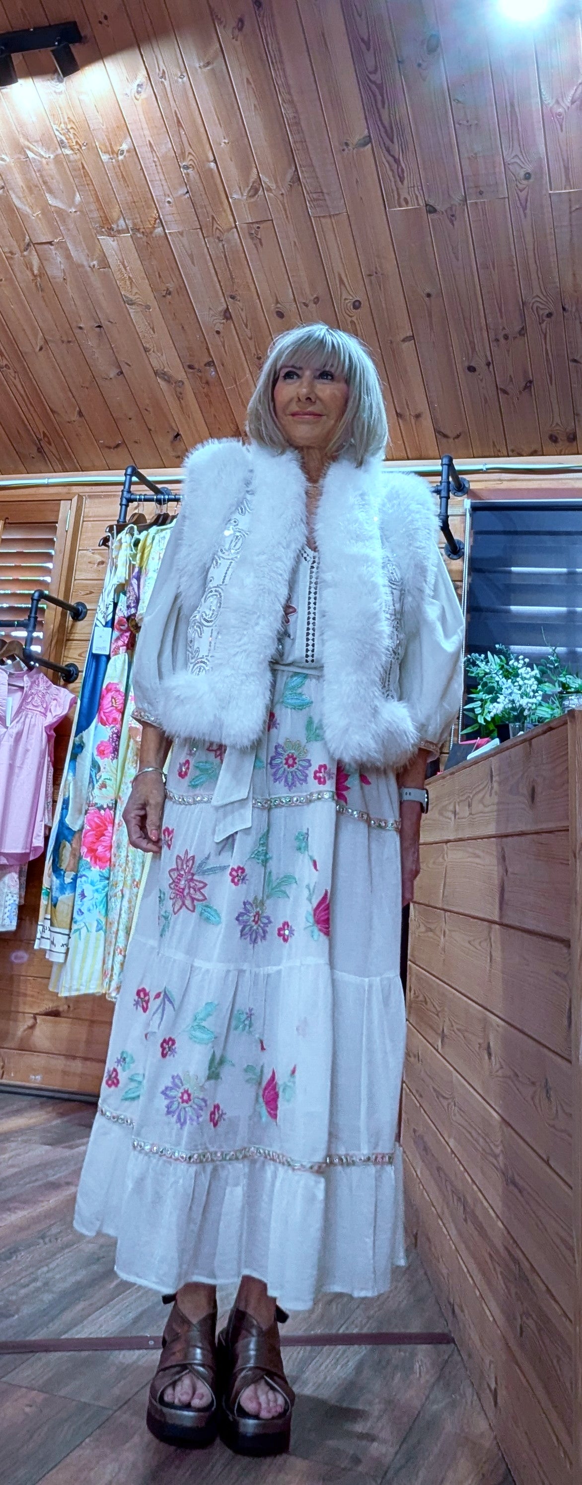 Goldie White Sequin Faux Fur Gilet –  Luxe
