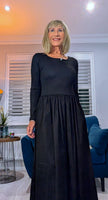 Betty Dress – Ribbed Cotton Jersey with Flared Skirt & Pockets (Black or Chocolate Brown)
