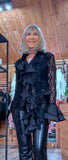 Vivienne Black Lace Blouse – Satin Ruffle Detail & Flared Sleeves