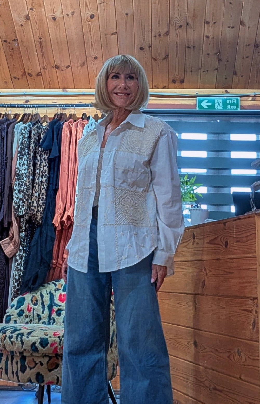Close up of Dora classic white blouse with gold  embroidery worn by ditsydi 