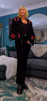 Mallory Chunky Cardigan – Black with Red 3D Flowers & Bows
