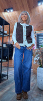 Colleen Sleeveless Cardigan – Cocoa with Ivory Border & Gold Buttons