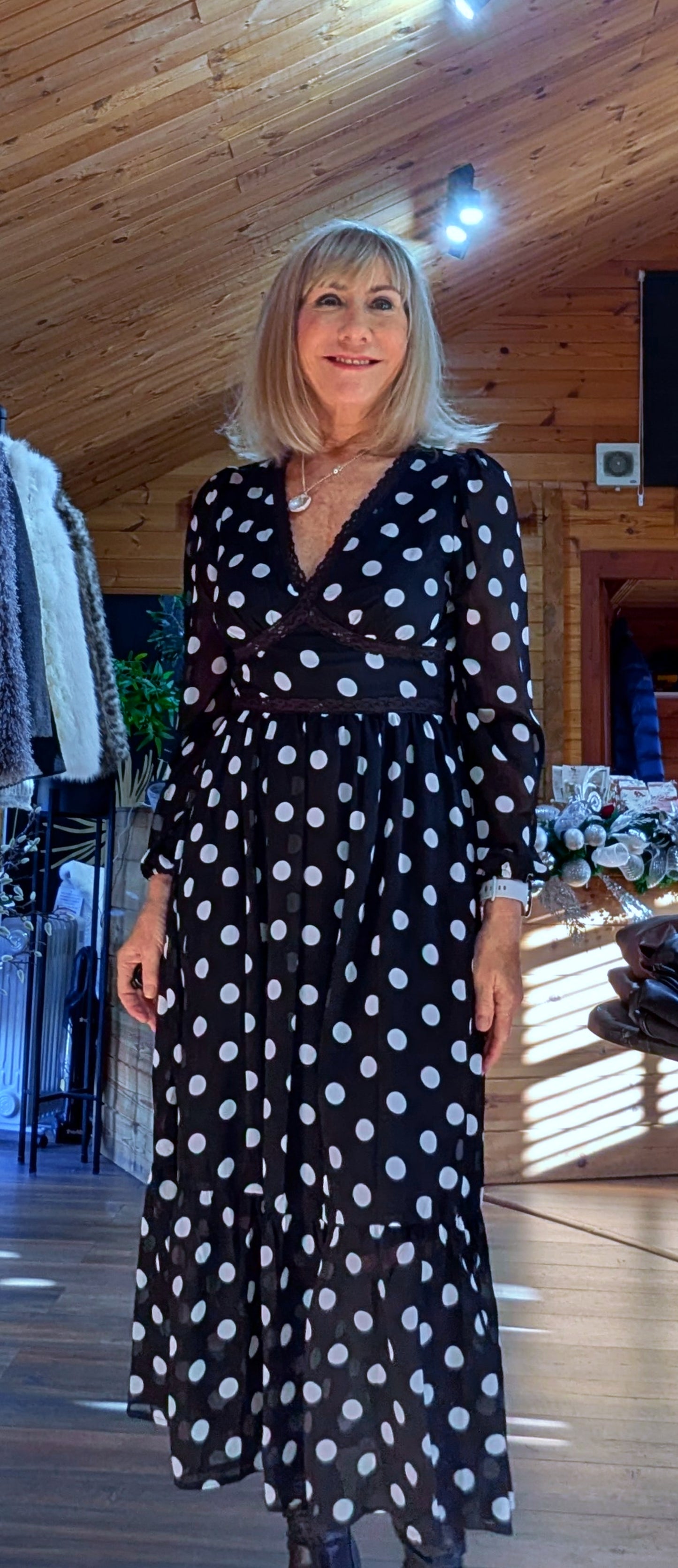 Hazel Polka Dot Print Lace Trim Long Sleeve Midi Dress In Black