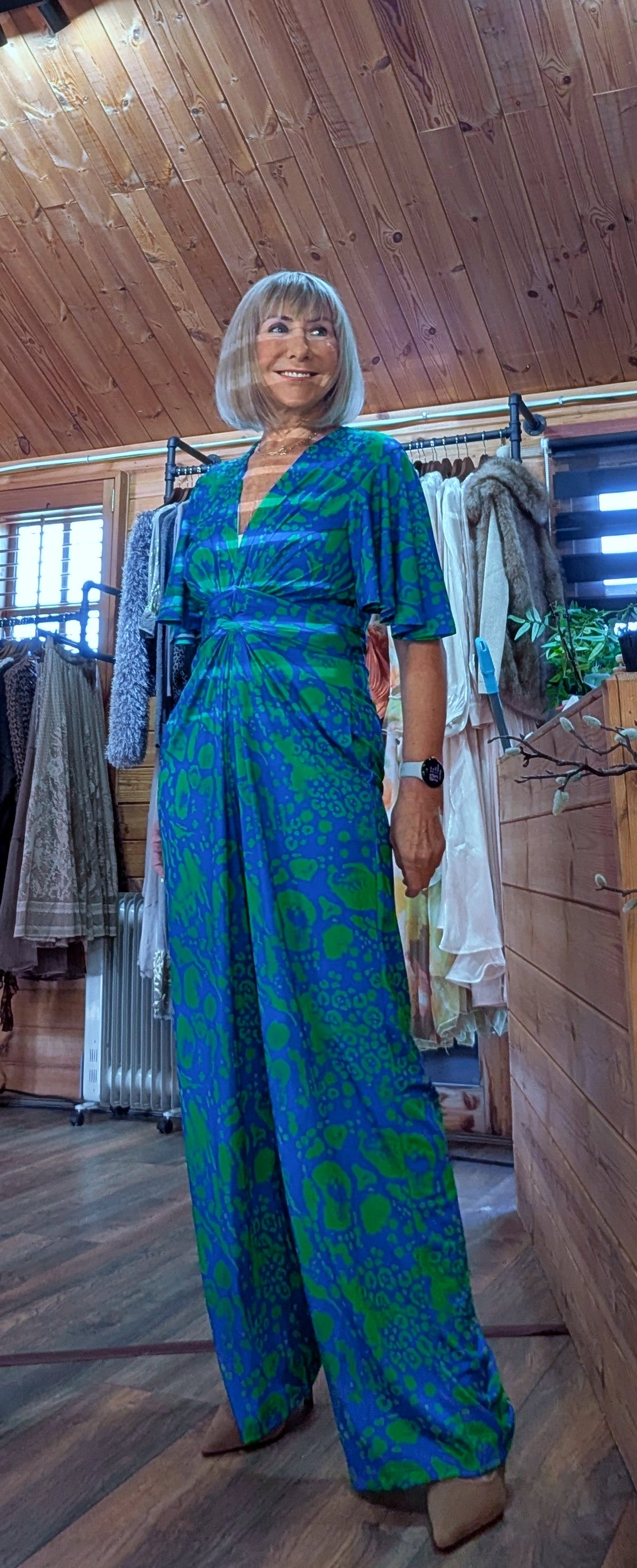 Justina Tropical Green - Fuchsia -Angel Sleeve Maxi Jumpsuit with Twist Detail