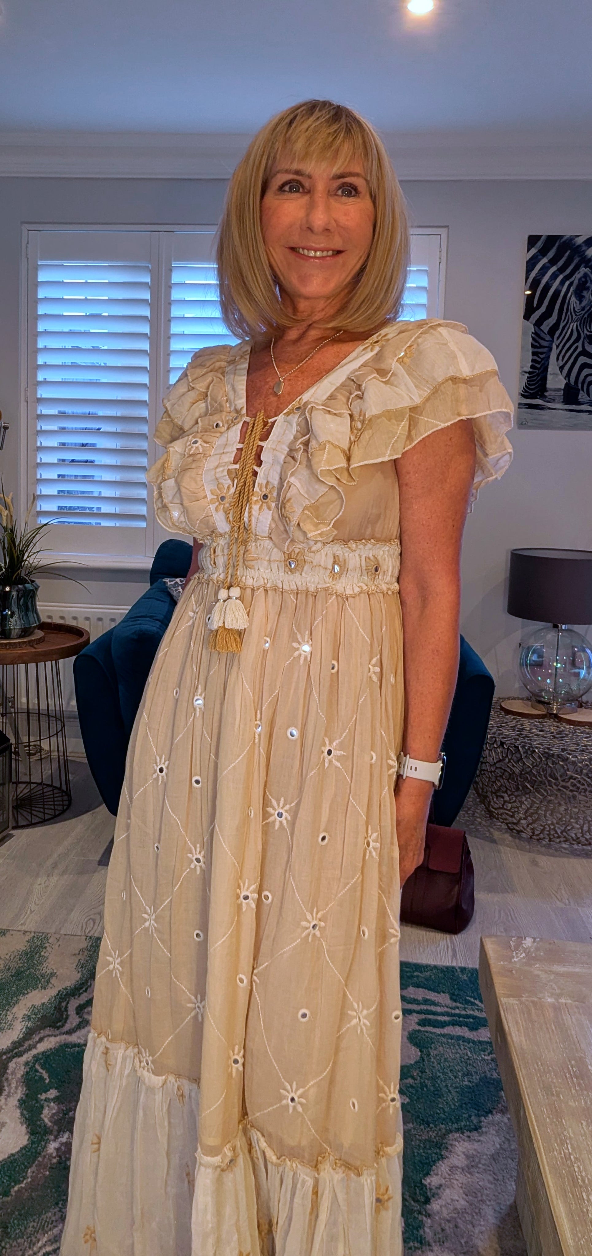 Thea Bohemian Dress in Cream and White with Tassels
