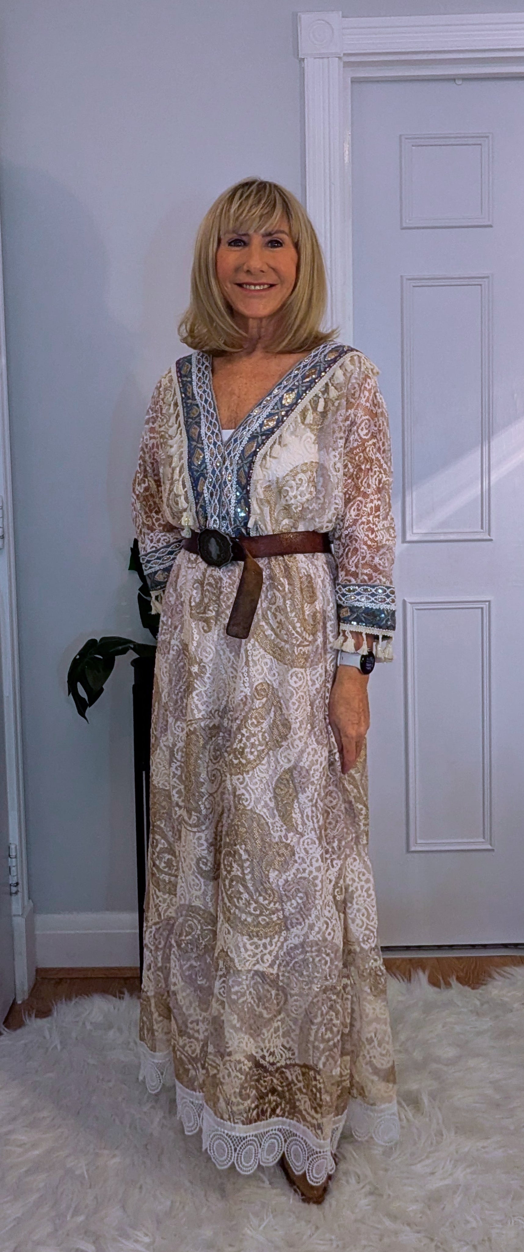 Lucy  Lace Bohemian Maxi Dress in Soft Beige with Navy Embroidery