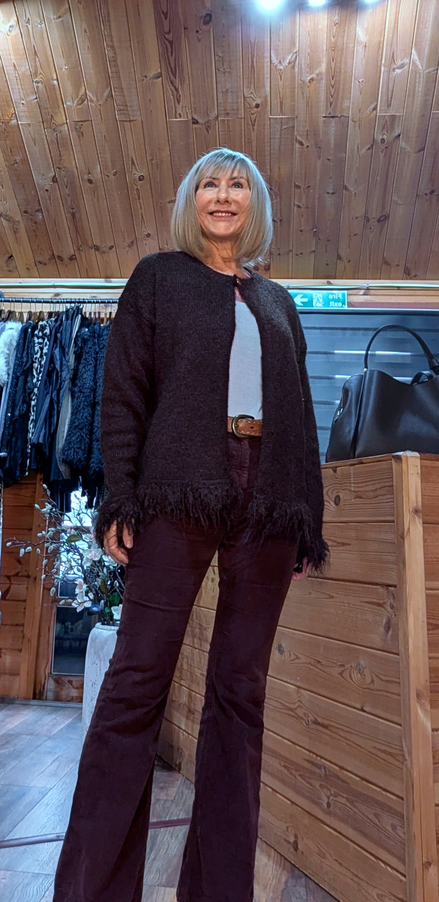 Philomena Chocolate Fringe Cuff Cardigan – Gold Neck Button ront view