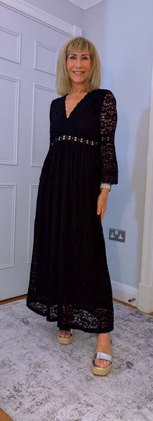 Pearl Lace Dress – Black Boho Style with Pagoda Sleeves & V-Neckline
