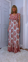 Nolan Boho Maxi Dress –Pink & Ecru, Flutter Sleeves, Elasticated Waist