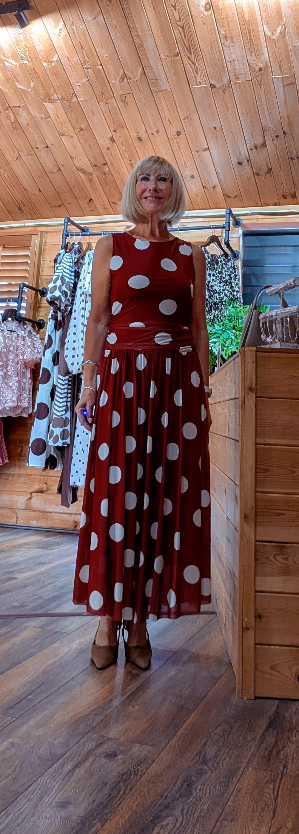 Rumer maxi dress in rust with cream spots, suitable for UK sizes 8–12 perfect for weddings or parties