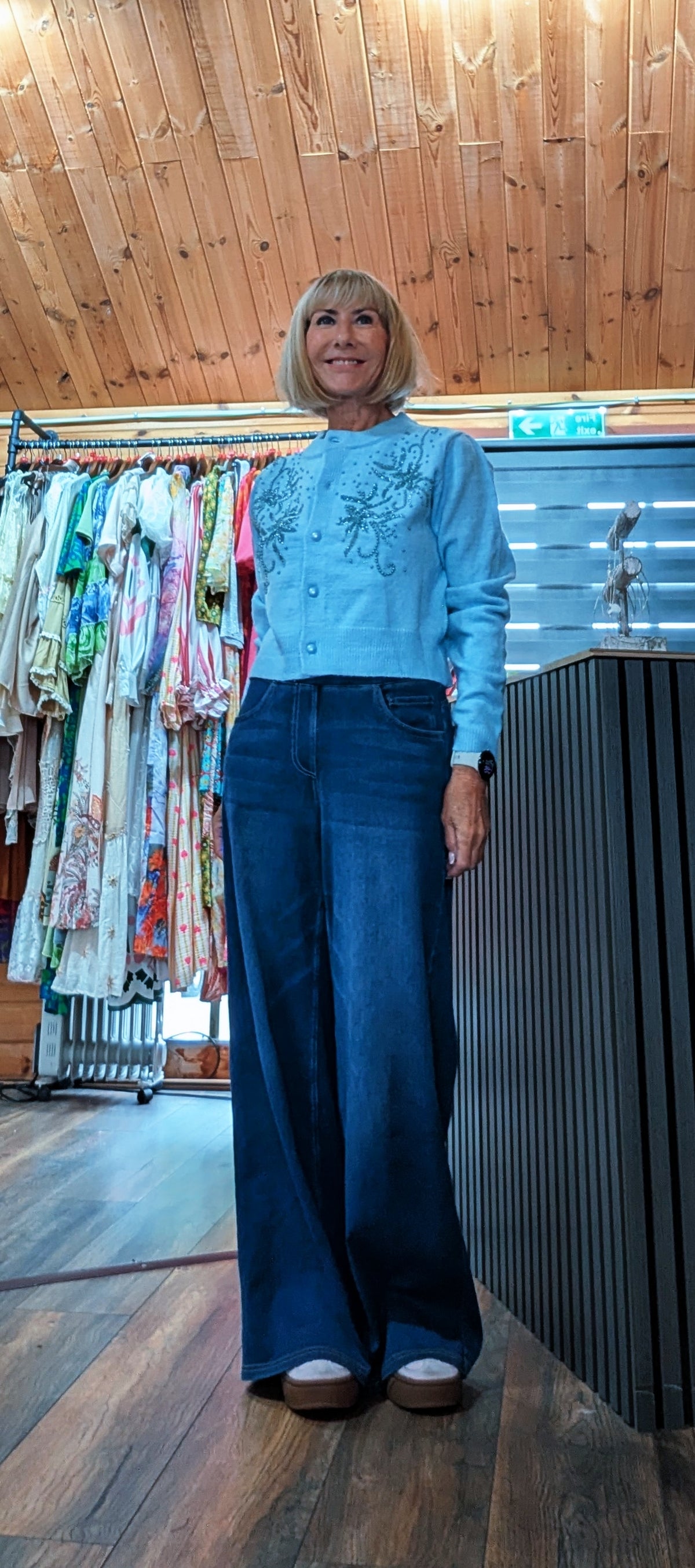 Sophie light blue cardigan with embroidery detail and glossy buttons