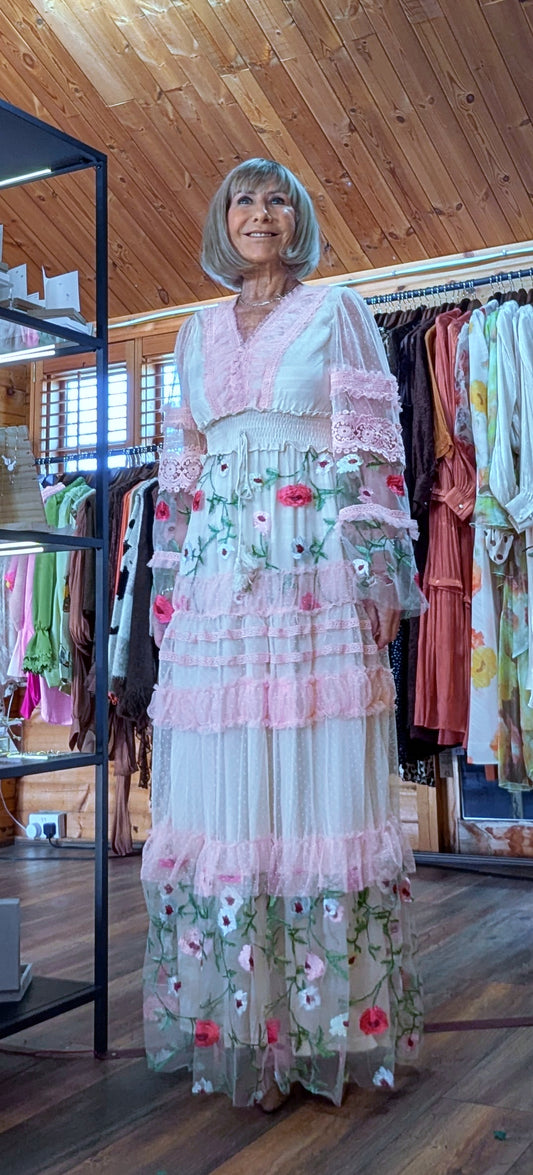 Stella Lace Bohemian Dress With Sheer Long Sleeves and Embroidery