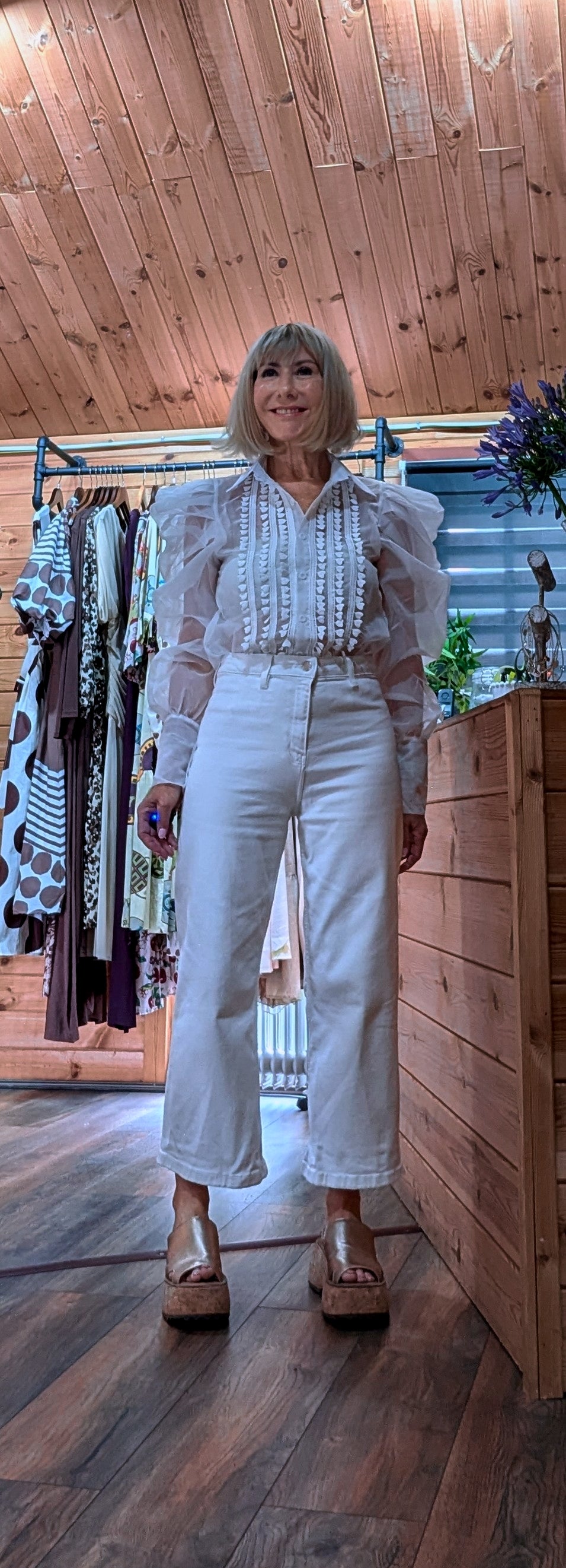 Lucille white sheer blouse with statement puff sleeves and embroidered front panels