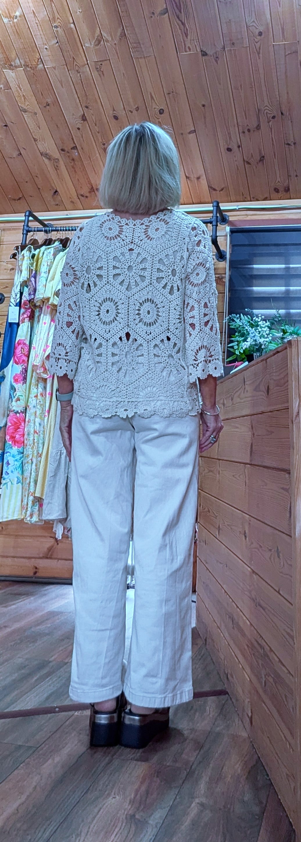 Rear view Farrah Cotton Crochet Cardigan  styled by ditsydi