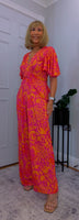 Justina Tropical Green - Fuchsia -Angel Sleeve Maxi Jumpsuit with Twist Detail