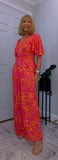 Justina Tropical Green - Fuchsia -Angel Sleeve Maxi Jumpsuit with Twist Detail