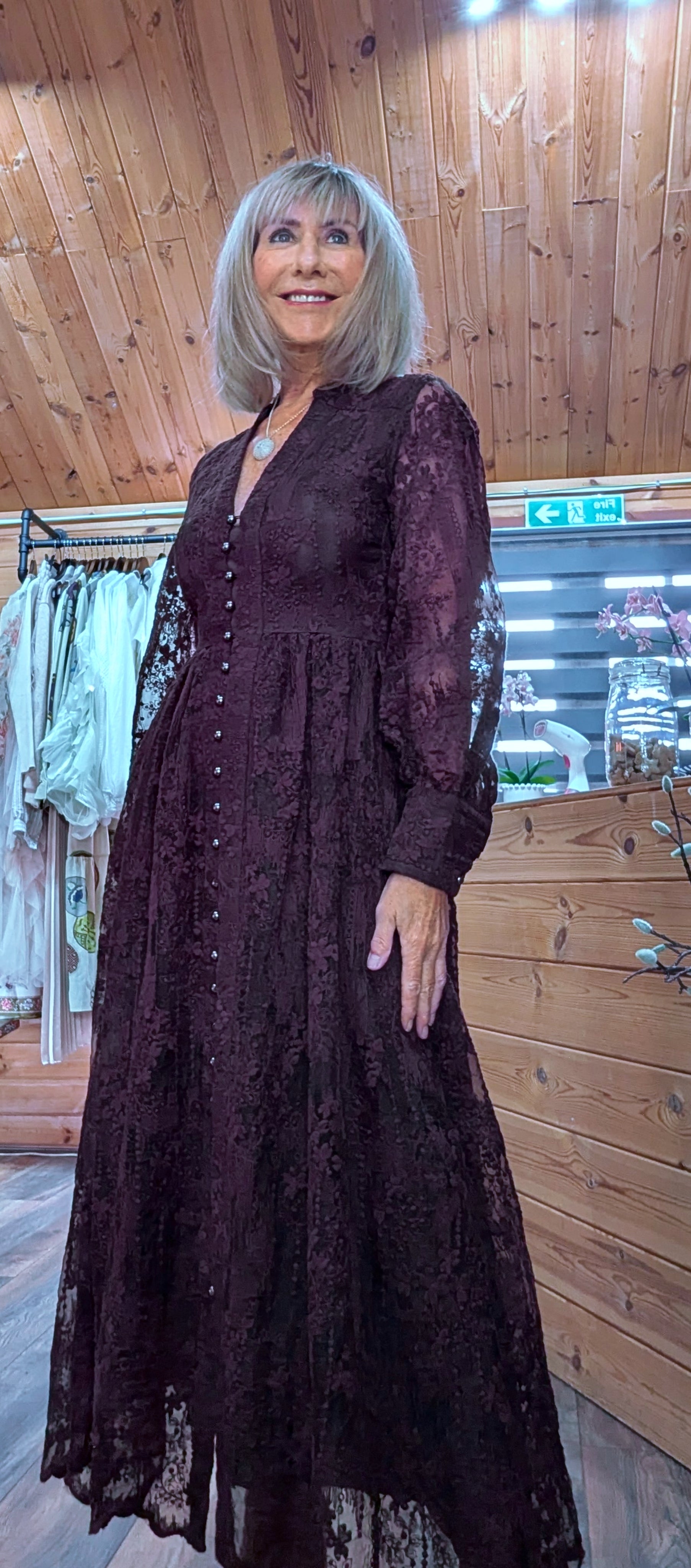 Marsha Coffee Lace Smock Dress – Pearl Button Front - Grandad Collar