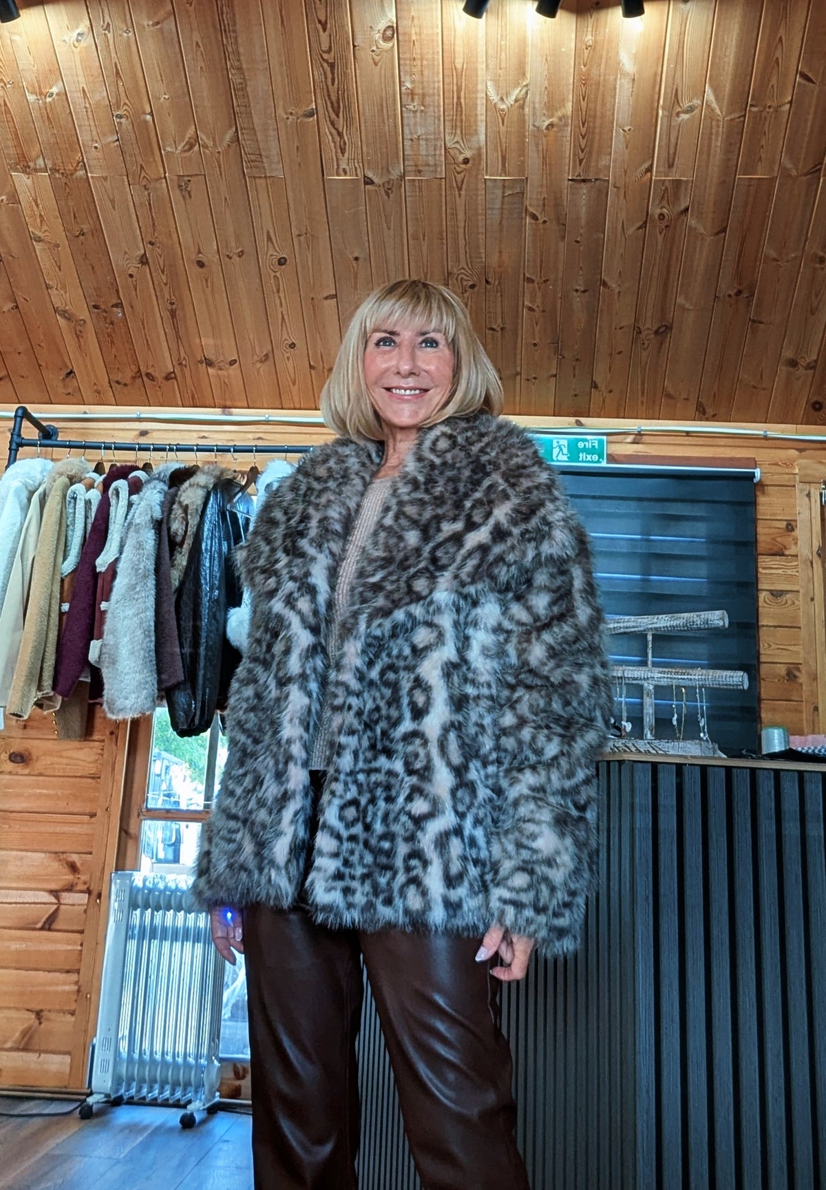 Minnie taupe leopard print chunky faux fur jacket 