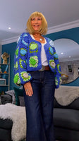 Fia Chunky Crochet Cardigan-– Blue & Green with 3D Flowers