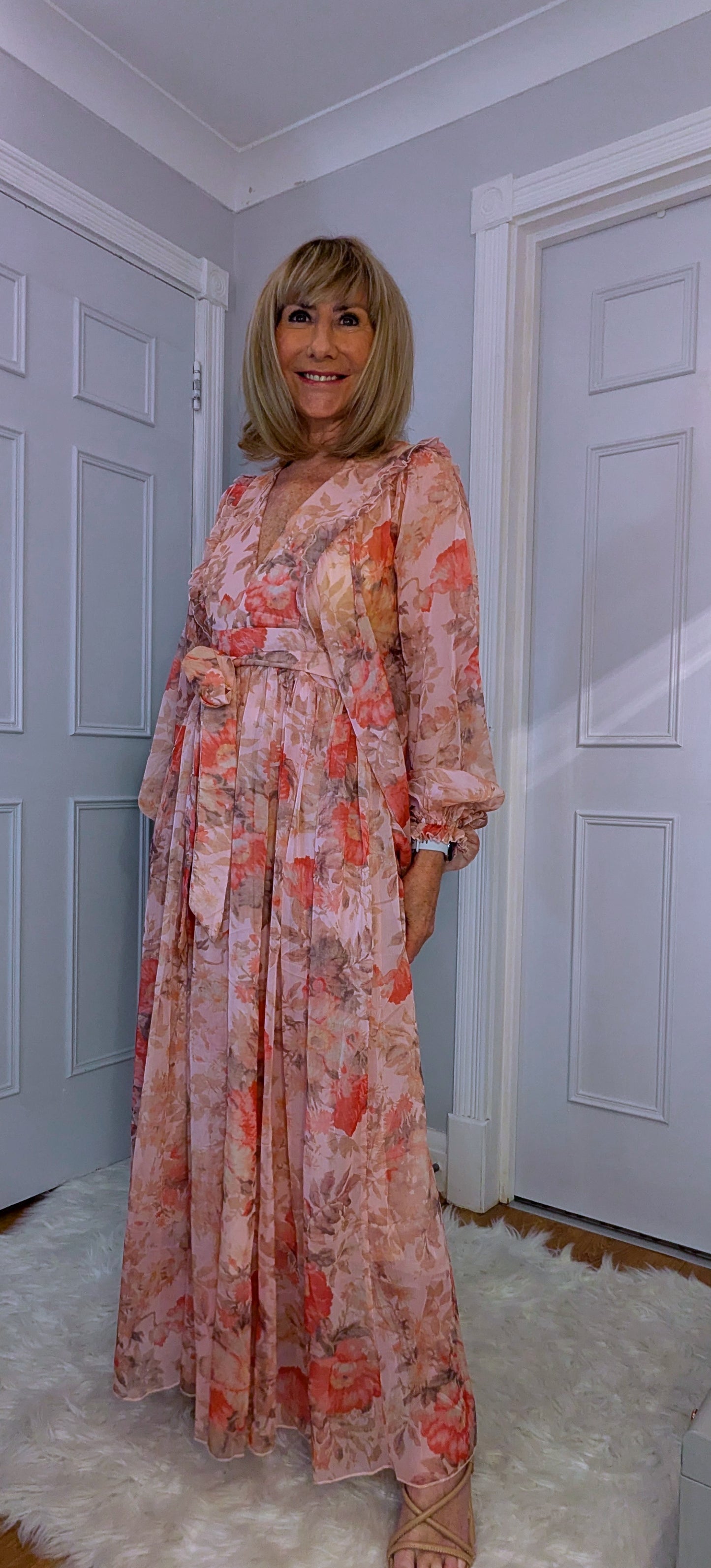Tia Pink Floral Maxi Dress – Boho Chic with Balloon Sleeves