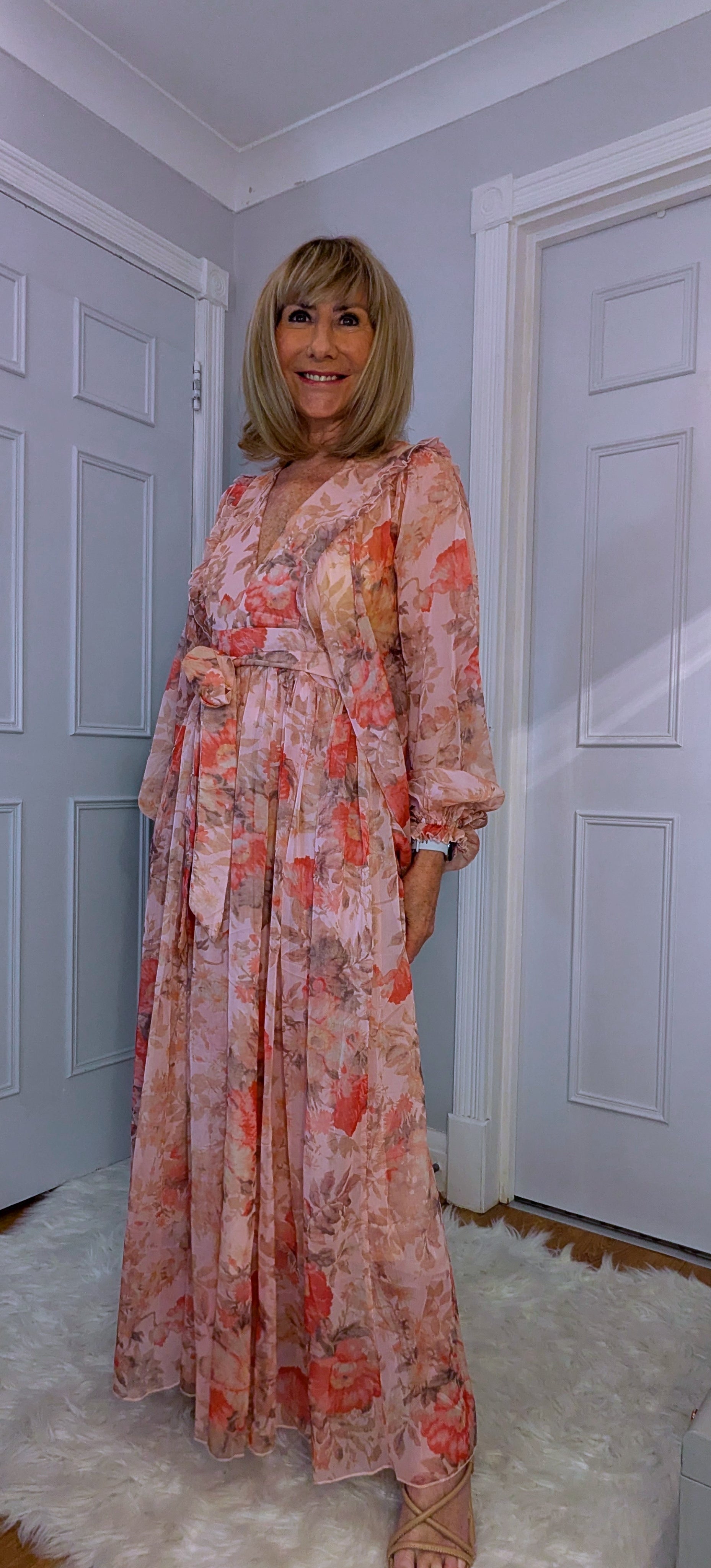 Tia Pink Floral Maxi Dress – Boho Chic with Balloon Sleeves