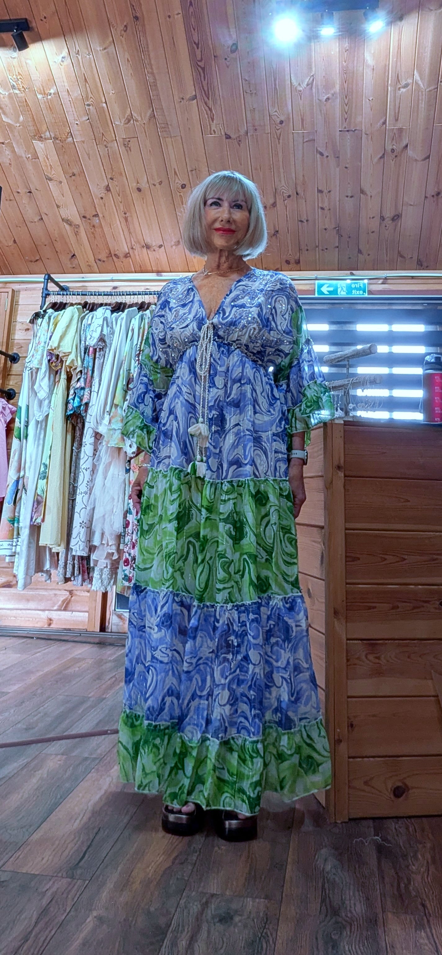 Bohemian Maxi Dress Green and Blue - Sequins and Tassels