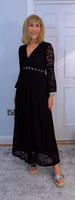 Pearl Lace Dress – Black Boho Style with Pagoda Sleeves & V-Neckline