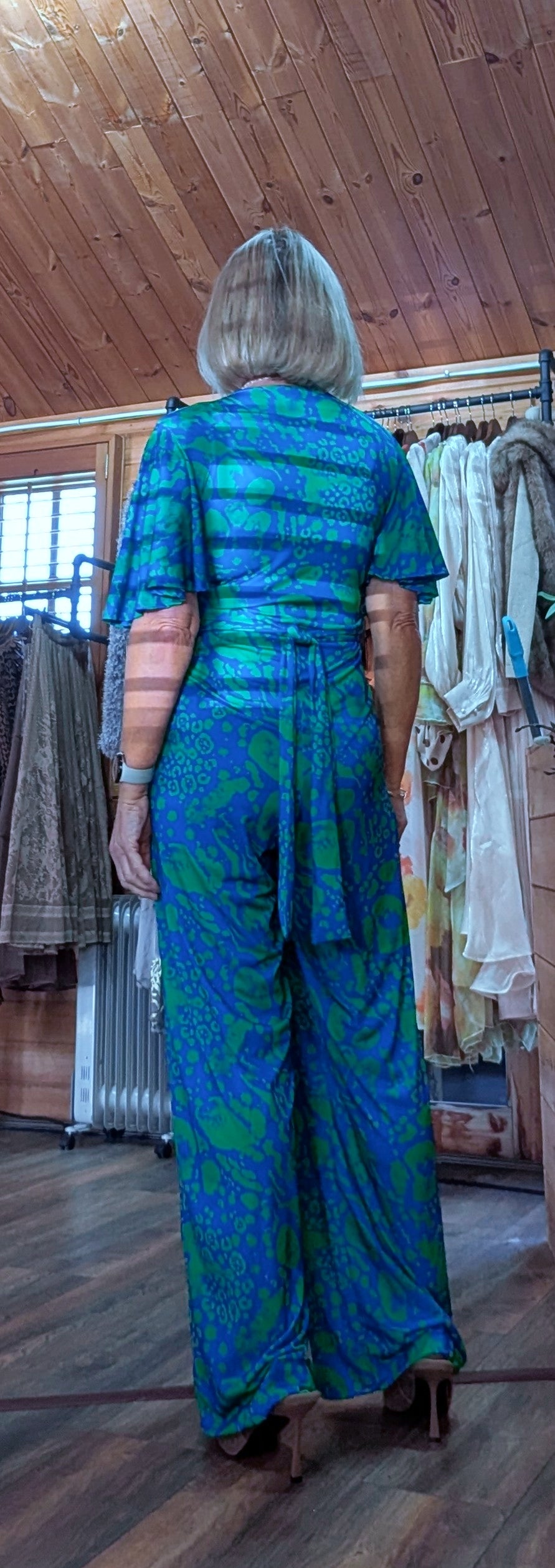 Justina Tropical Green - Fuchsia -Angel Sleeve Maxi Jumpsuit with Twist Detail
