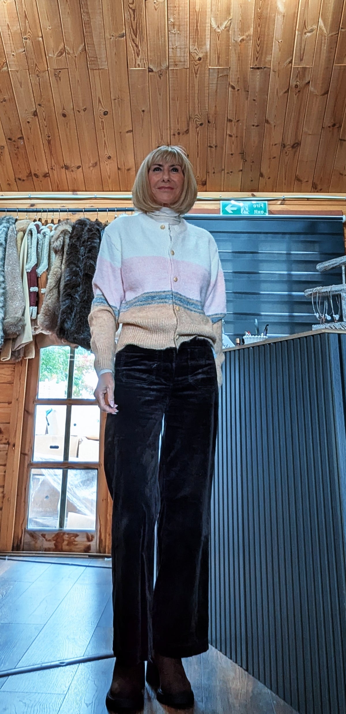 Helen button-front cardigan showing long sleeves and cream, pink and camel bands
