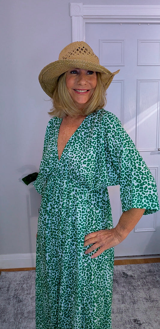 Romy Kimono Style Maxi Dress in Green Animal Print kimono style