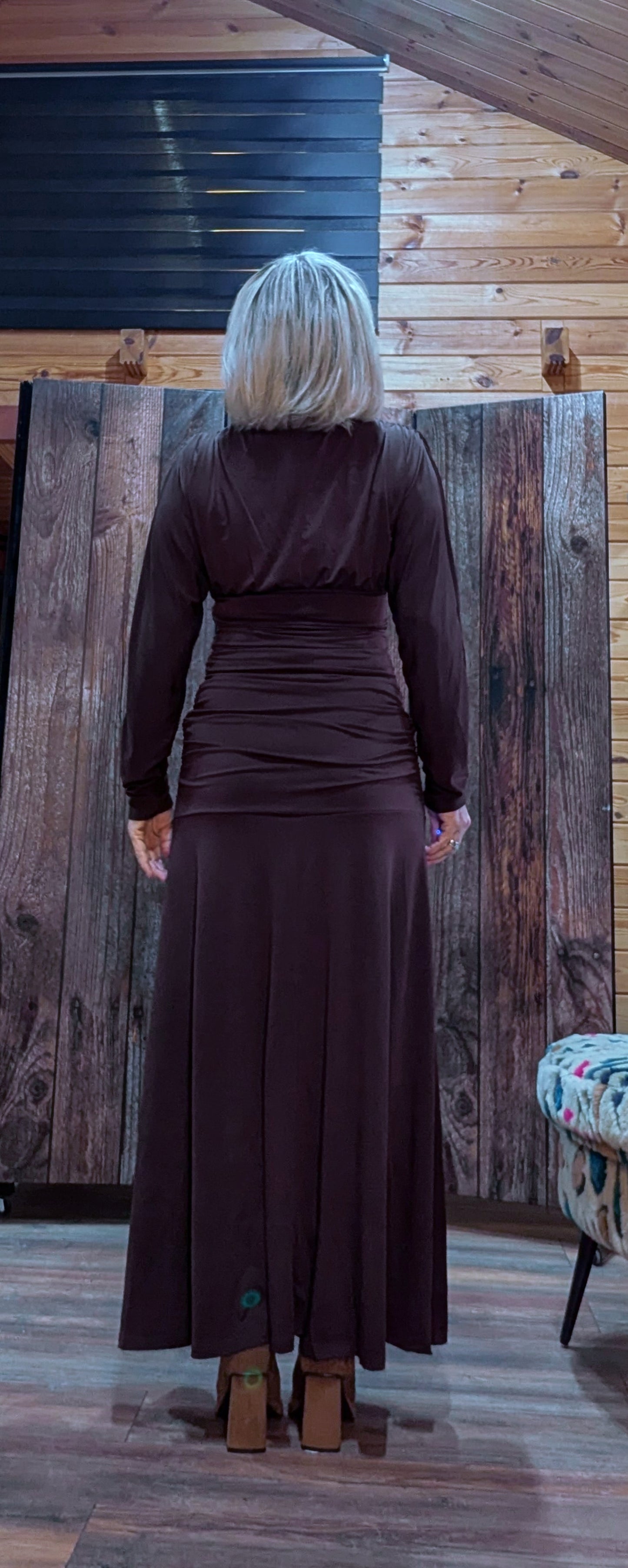 Aspen Ruched Dress – Autumnal Rust with Drop Waist  Slash Neck