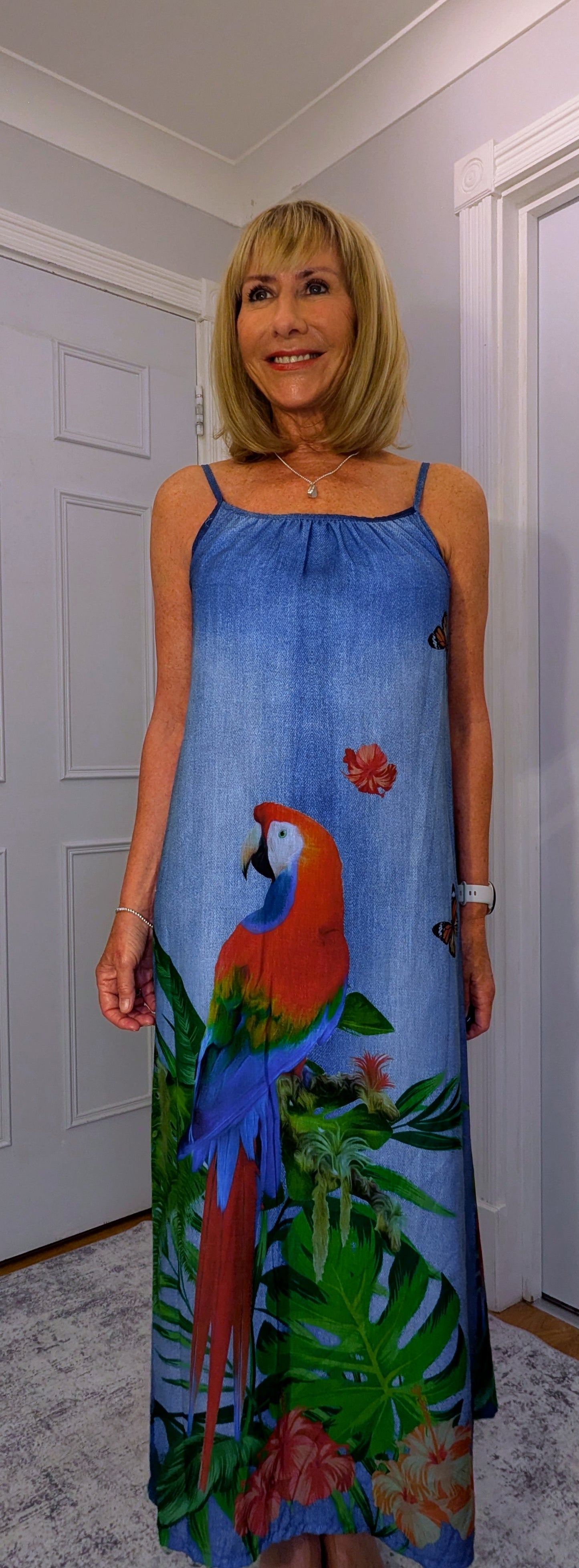 Delores Maxi Dress – Tropical Print Summer Slip Dress- Parrot