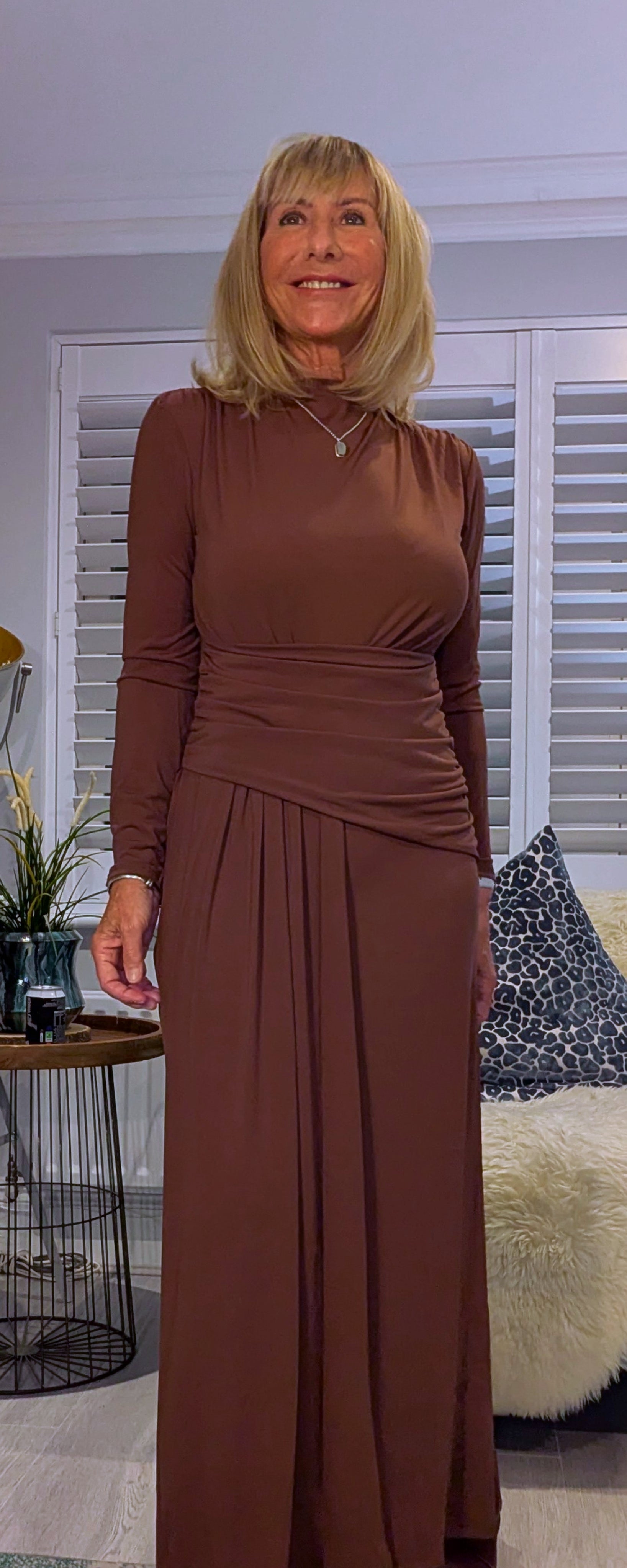 Rusty Ruched Dress – Rust with Drop Waist -Slash Neck