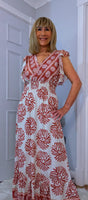 Nolan Boho Maxi Dress –Pink & Ecru, Flutter Sleeves, Elasticated Waist