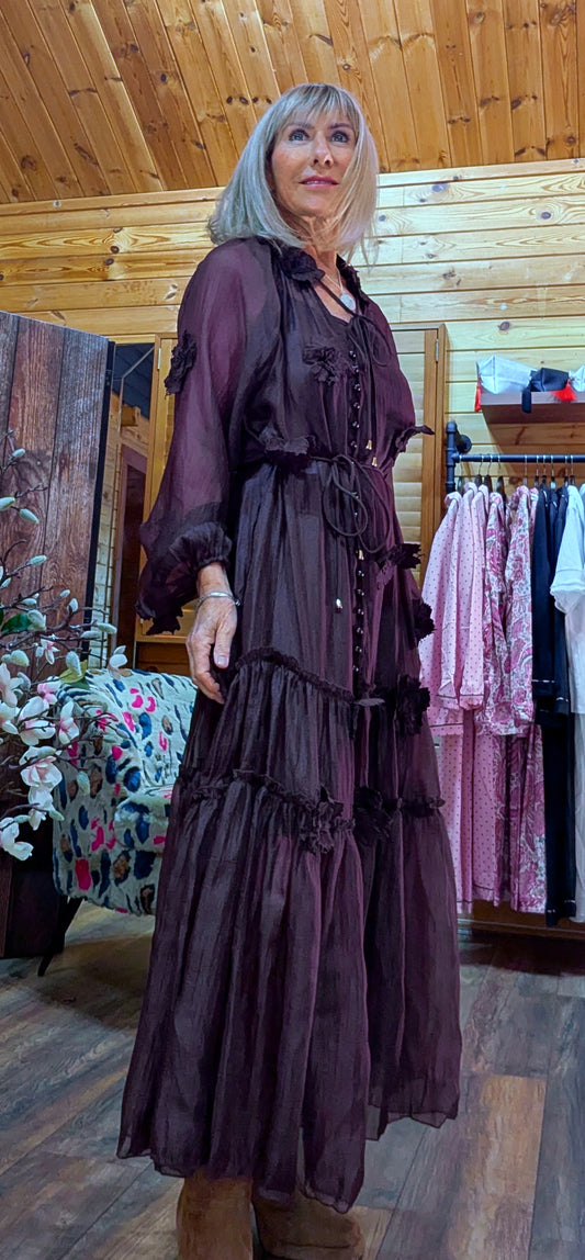 Gloria Coffee Tiered Dress – 3D Flowers -Tie Belt