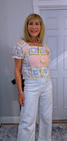 River Crochet Cardigan Cotton Knit with Embroidered Puff Sleeves